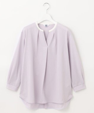 J.PRESS LADIES L ピンストライプジャージー バンドカラー スキッパー カットソー ふじ色系1