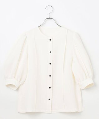 #Newans 【洗濯機可能/シワになりにくい】〈肩幅・二の腕が華奢見えする〉パフスリーブバイカラーブラウス ホワイト