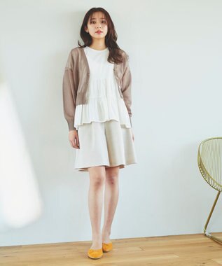 Feroux 【洗える】Vネックシアー カーデ キャメル系