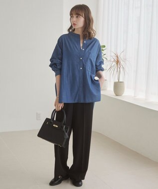 WEGO 【ANGIE VINTAGE】シアーデニムバンドカラーシャツ ネイビー