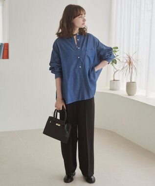 WEGO 【ANGIE VINTAGE】シアーデニムバンドカラーシャツ ネイビー