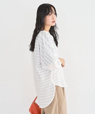 Green Parks シアーチェック７分袖シャツ Off White