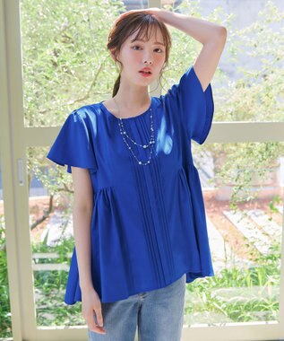 Tiaclasse 【洗える】ペプラムギャザーピンタックブラウス ブルー