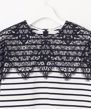 自由区 【洗える】レース Tシャツ オフ×ネイビーボーダー