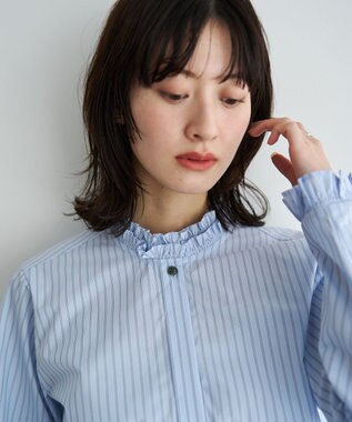 YECCA VECCA イージケアフリルカラーシャツ Stripe Blue