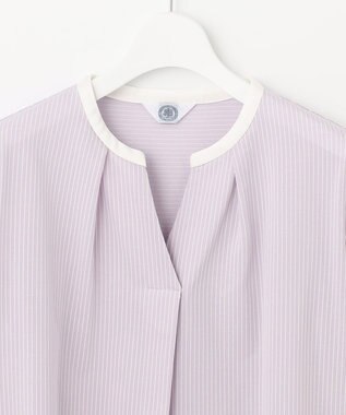 J.PRESS LADIES L ピンストライプジャージー バンドカラー スキッパー カットソー ふじ色系1