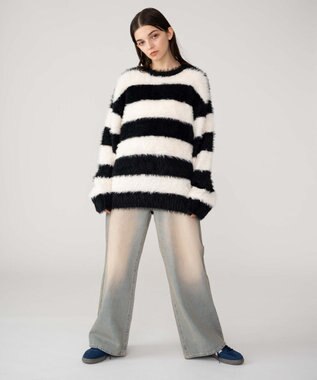 WEGO 【2025秋冬新作/ユニセックス着用ITEM/MLサイズ展開】フェザーニットプルオーバー ホワイトボーダー