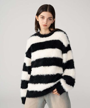 WEGO 【2025秋冬新作/ユニセックス着用ITEM/MLサイズ展開】フェザーニットプルオーバー ホワイトボーダー