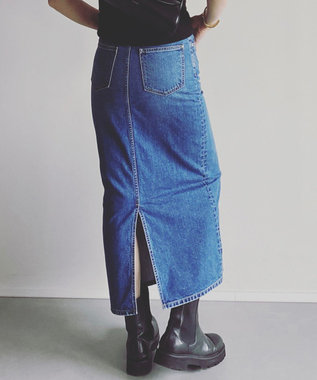 woadblue ＜坪田あさみさんコラボ＞コットン100％I LINE DENIM SKIRT  Iライン デニムスカート MIDBLUE