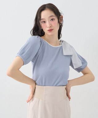 earth music&ecology アシメ肩リボンカットソー Grayish Blue