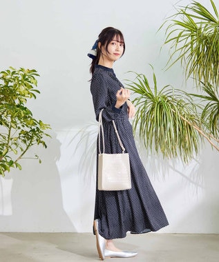 Tiaclasse 【新色追加・洗える】配色バンドカラー幾何学柄ワンピース ネイビー