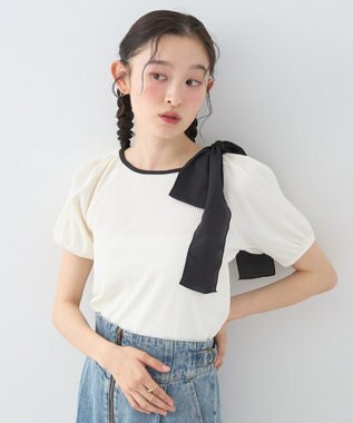 earth music&ecology アシメ肩リボンカットソー Ivory