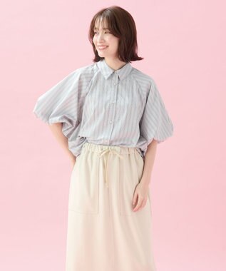 ANY 【接触冷感/UVカット/抗菌防臭/速乾】エニイファンクション パフスリーブブラウス ブルーストライプ