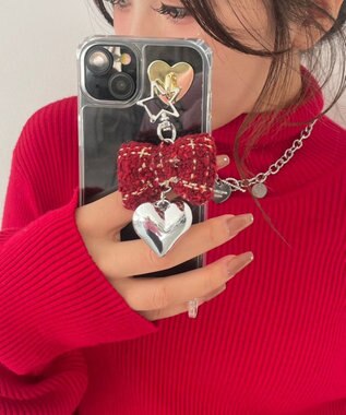 WEGO ツイードリボンハートキーホルダー レッド