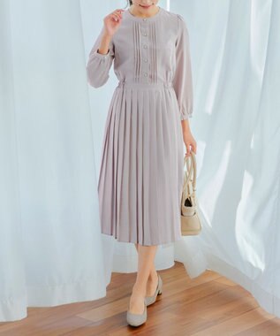 Tiaclasse 【新色追加・洗える】パールボタンプリーツワンピース グレージュ