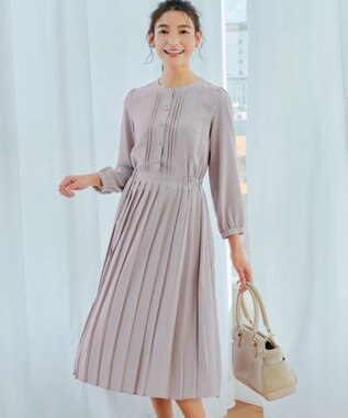 Tiaclasse 【新色追加・洗える】パールボタンプリーツワンピース グレージュ