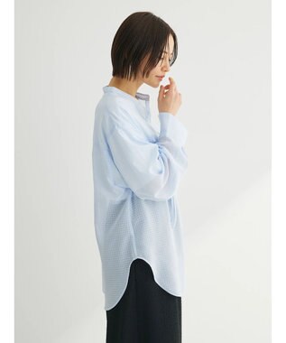 Green Parks シアーチェック袖ドロストシャツチュニック Sax