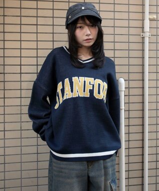 WEGO VネックグラフィックニットBIGプルオーバー ネイビー