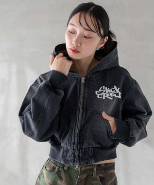 WEGO ヴィンテージウォッシュショートフードブルゾン ブラック