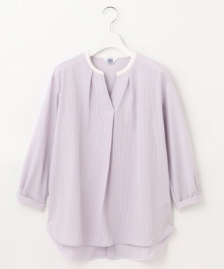 J.PRESS LADIES L ピンストライプジャージー バンドカラー スキッパー カットソー ふじ色系1