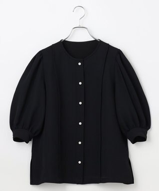 #Newans 【洗濯機可能/シワになりにくい】〈肩幅・二の腕が華奢見えする〉パフスリーブバイカラーブラウス ブラック