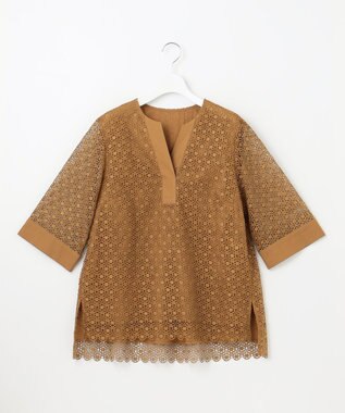 自由区 L 【洗える】ジオメトリックフラワーレースプルオーバー ブラウス モカ