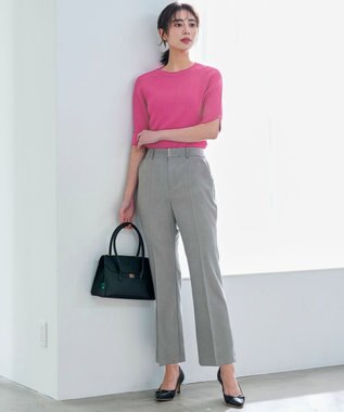 ANY SIS L 褒めらレディストレッチ セミフレア テーパードパンツ グレーシャンブレー