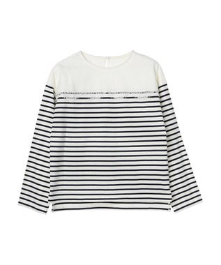 earth music&ecology レースボーダーカットソープルオーバー Navy