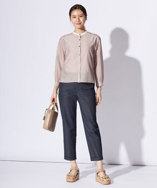 J.PRESS LADIES L シアーピンストライプ カットソー ピンク×スレート系1