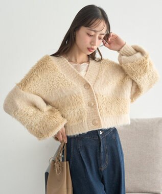 earth music&ecology ポンポンヤーンミックスインターシャカーディガン Light Beige