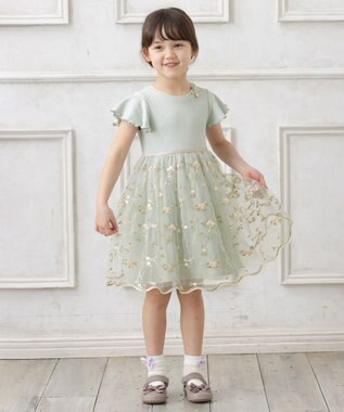 ANY KIDS 刺繍チュールガーリー ワンピース エメラルドグリーン