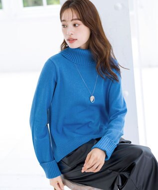 Tiaclasse 【洗える】もっちり柔らかいリブタートルプルオーバーニット ブルー