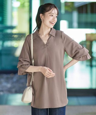 Tiaclasse   【洗える】バックシャーリングスキッパーチュニックブラウス モカ