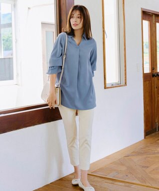 Tiaclasse   【洗える】バックシャーリングスキッパーチュニックブラウス ブルー