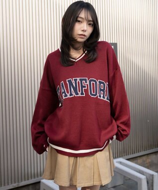 WEGO VネックグラフィックニットBIGプルオーバー ワイン