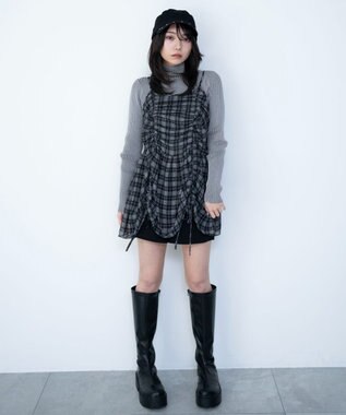 WEGO ドロストデザインキャミワンピース ブラックチェック1