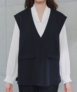 Tiaclasse 【ブラウス&ベスト&パンツ3点セット】リボンタイブラウス＋ベスト付き 3点セットアップ ネイビー