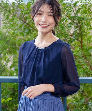 Tiaclasse L 【洗える】ドビーシフォンパールブラウス ネイビー