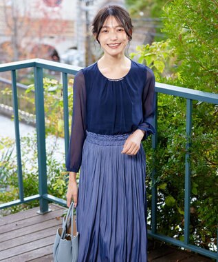 Tiaclasse L 【洗える】ドビーシフォンパールブラウス ネイビー