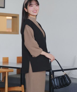 Tiaclasse 【ブラウス&ベスト&パンツ3点セット】リボンタイブラウス＋ベスト付き 3点セットアップ ブラック