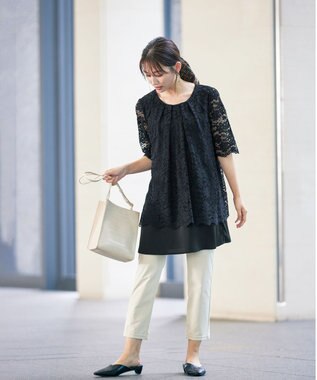 Tiaclasse L 【洗える】スカラップレースチュニックブラウス ブラック