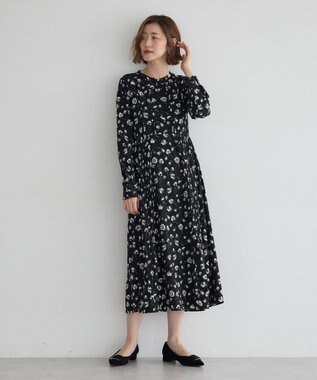 YECCA VECCA フラワー柄プリーツMIXワンピース Black