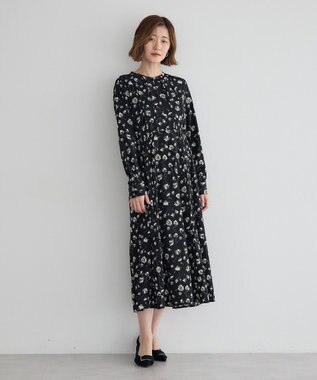 YECCA VECCA フラワー柄プリーツMIXワンピース Black