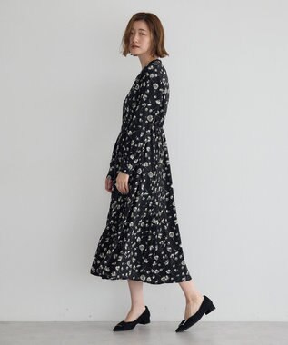 YECCA VECCA フラワー柄プリーツMIXワンピース Black