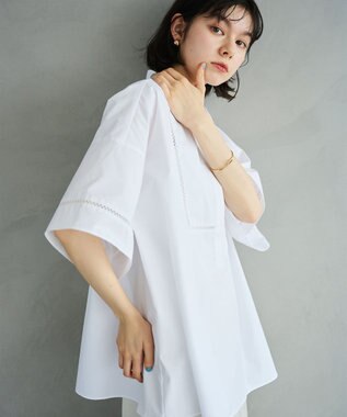 #Newans 【洗える/セットアップ可能】ハシゴレースビブデザインシャツ ホワイト