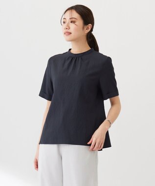 J.PRESS LADIES 【洗える】アセテートレーヨンコットンチェック ペプラム ブラウス ネイビー系