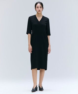 BEIGE， 【洗える・L-size】CINDY / Vネックハーフスリーブワンピース Black x Black