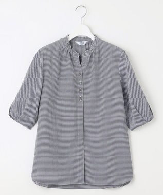 J.PRESS LADIES S 【洗える】アセVis ギンガム フリル襟 ブラウス ネイビー系3