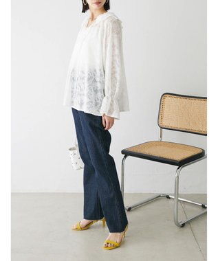 Green Parks シアージャガード花柄フリルブラウス Off White