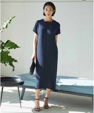 ICB 【接触冷感・UVケア・速乾・洗える】FluidBackSatin レイヤードデザインワンピース ネイビー系